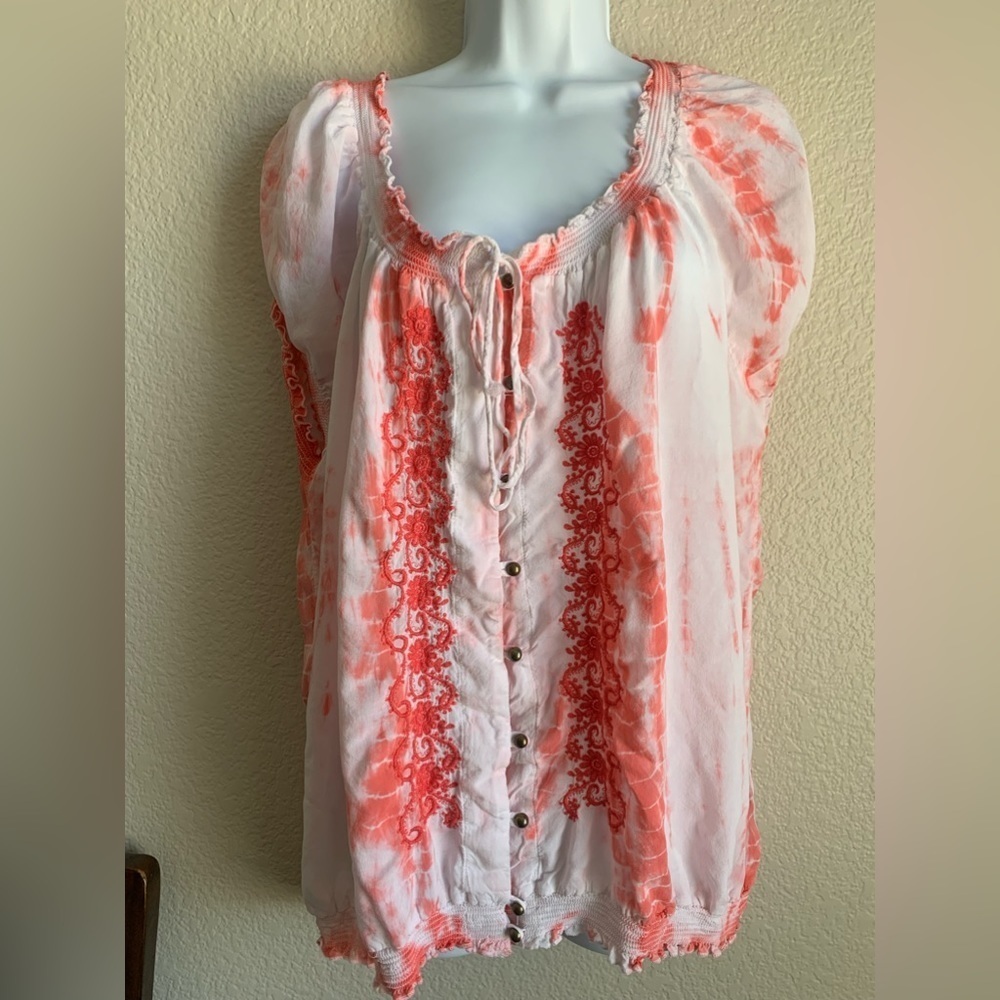 FEVER Tie-Dye Embroidered Boho Peasant Blouse Top